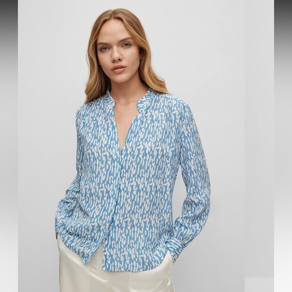 NWT!! HUGO BOSS Regular-Fit Blue + Cream Print Silk Crepe du Chine: SZ 14 - $348 - Picture 1 of 16